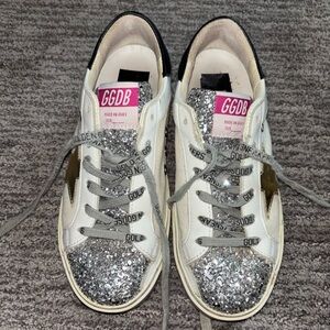 Golden Goose White and Silver Glitter High Star Sneakers- great condition